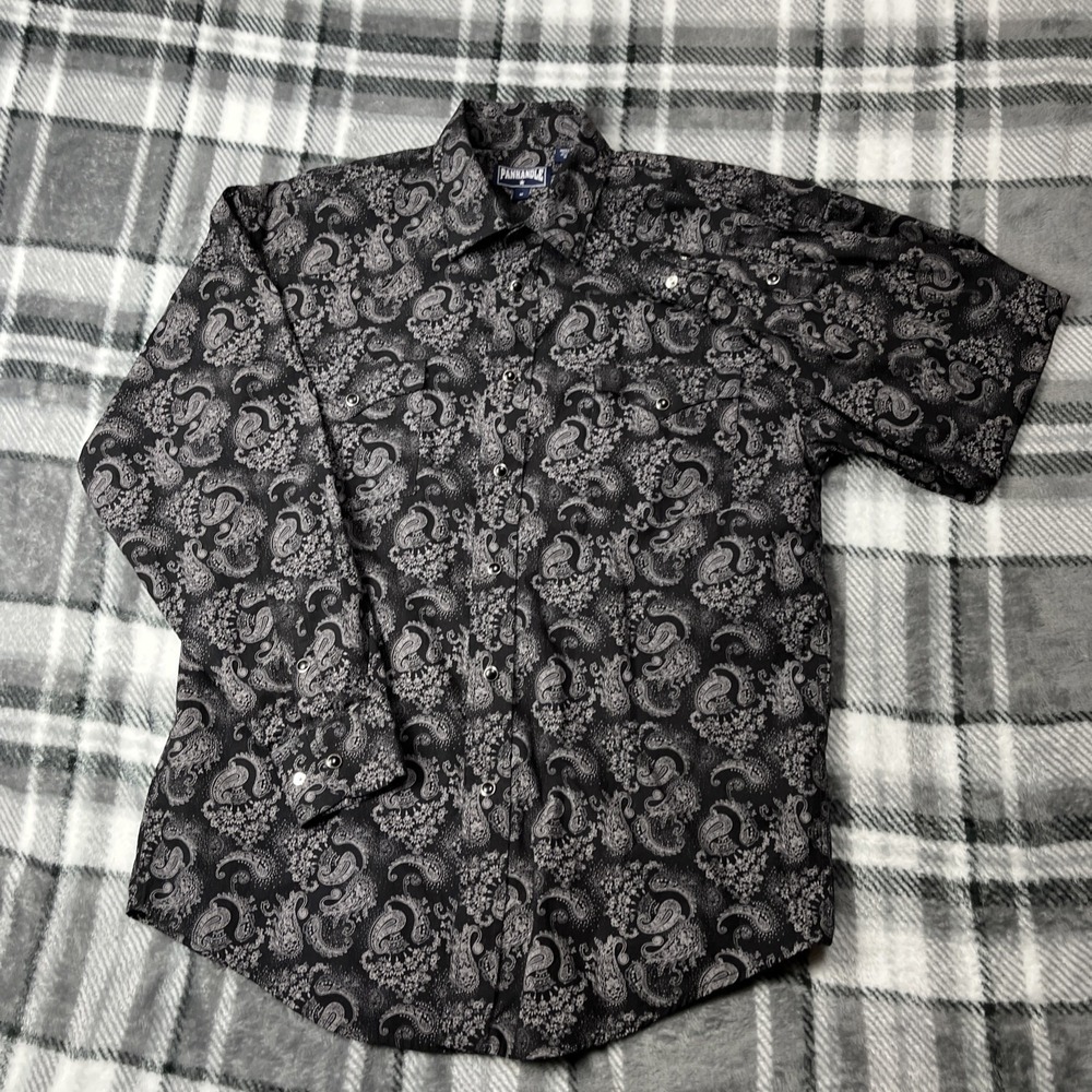 Panhandle Western Pearl Snap Shirt Mens Medium Black Paisley Geometric Cowboy - Picture 2 of 10